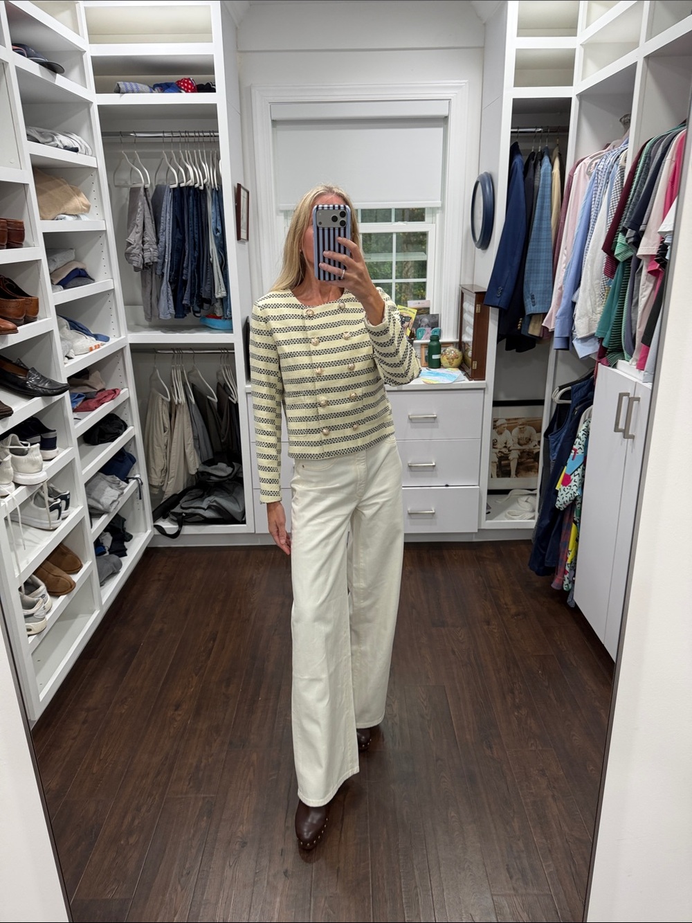 Amazon Cream & Navy Striped Double-Breasted Knit Jacket - Picture 3 of 7